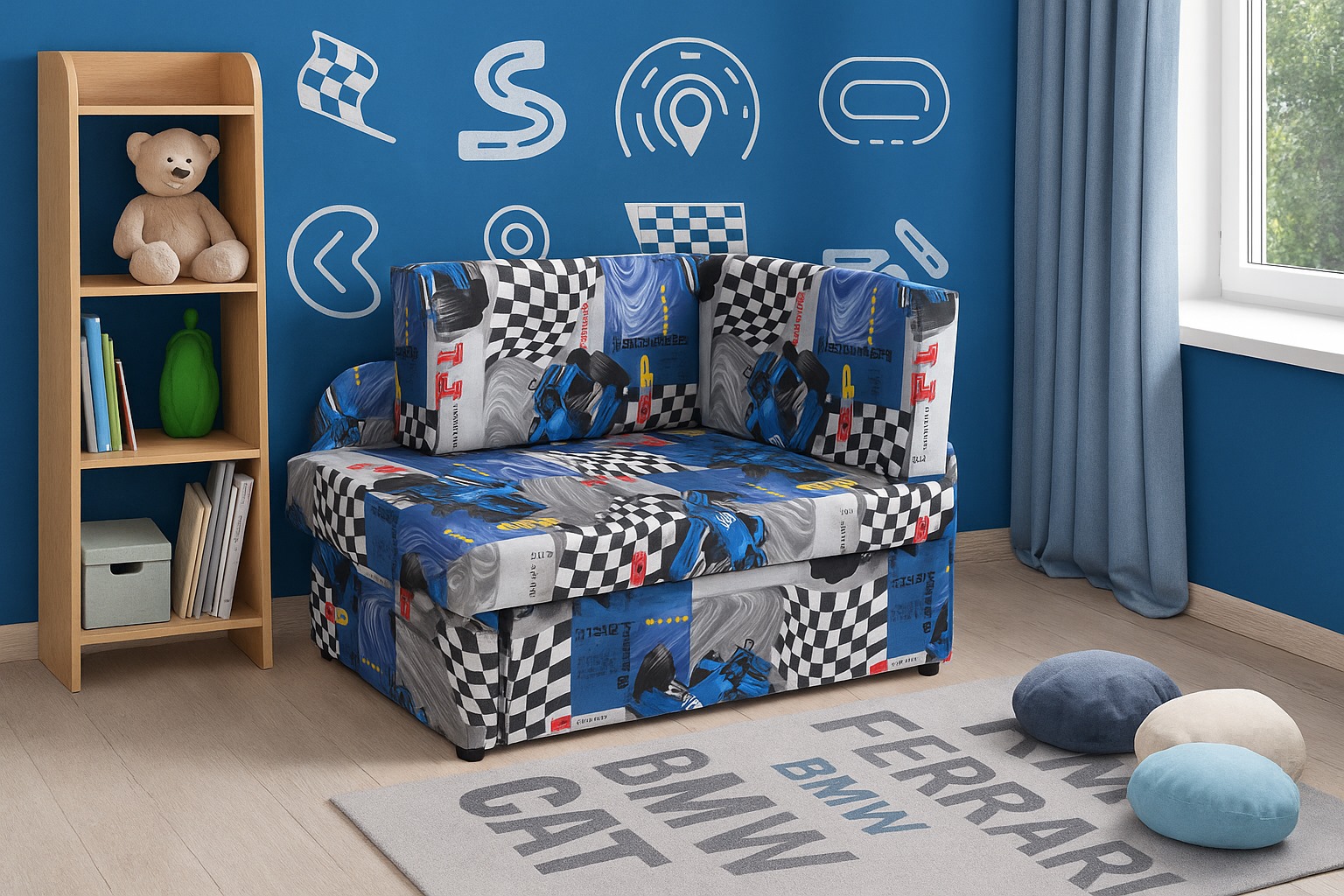 Sofa dziecięca Kubuś w niebieskie wyścigówki dla chłopca
