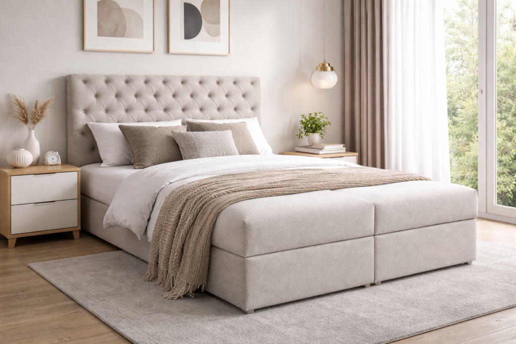 Łóżko kontynentalne w rozmiarze 160x200 dostępne od ręki w JASNO SZARYM KOLORZE SAWANA 11