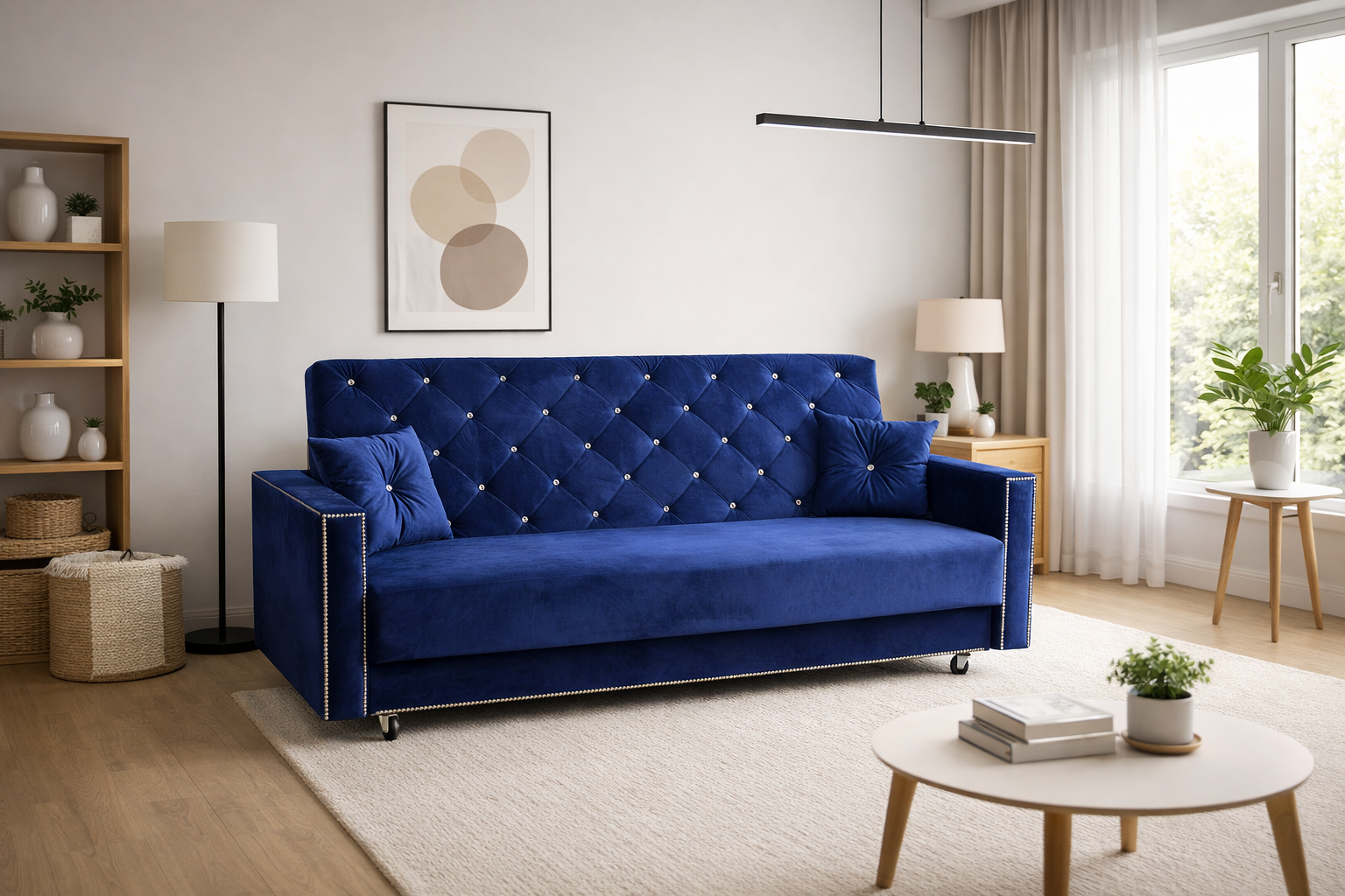 Wersalka sofa z funkcją spania Klara dostępna od ręki w granatowym kolorze